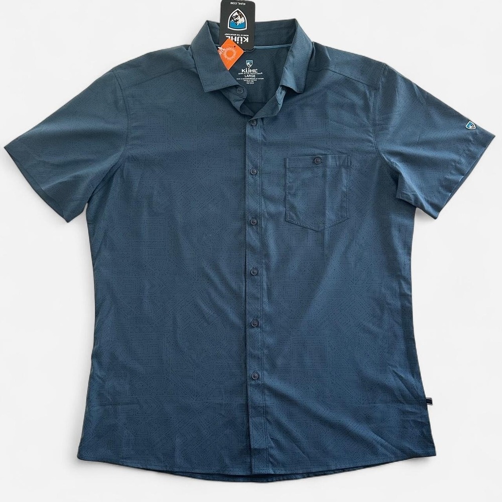 NWT KUHL Persuader Mens sz Large Midnight Blue Pattern Short Sleeve UPF 50+